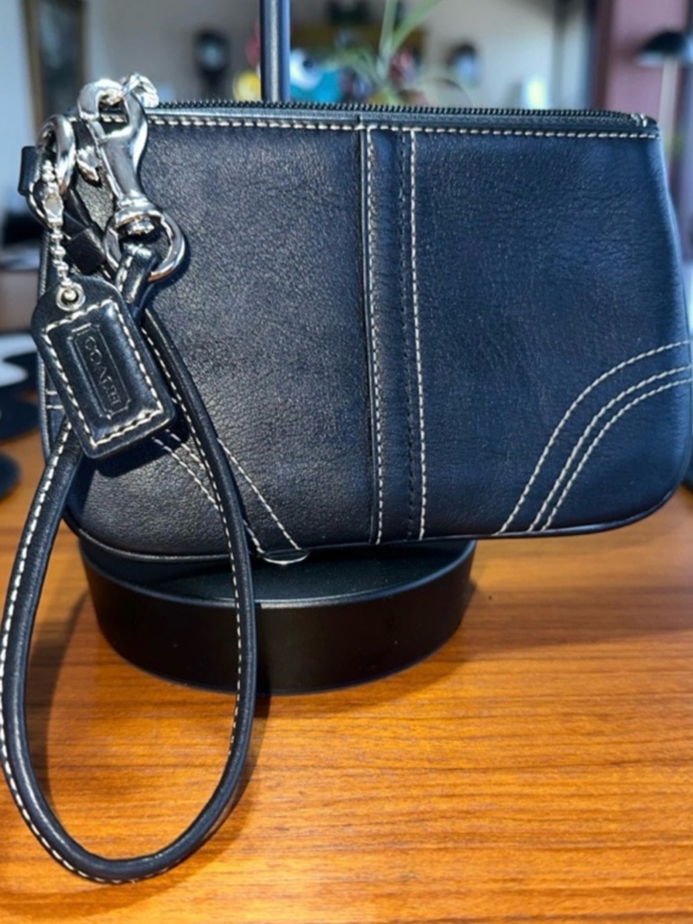 Coach Black Leather Wristlet Clutch with White Stitching